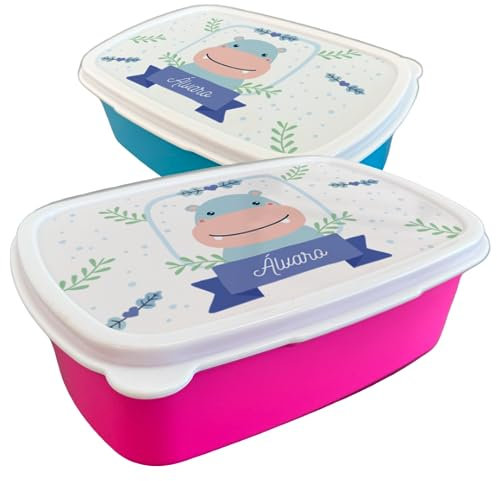 Fiambrera personalizada infantil diseño hipopotamo para colegio o guardería. Caja merienda personalizada. Apta para microondas y lavavajillas. Libre de BPA. Ideal para los almuerzos del cole