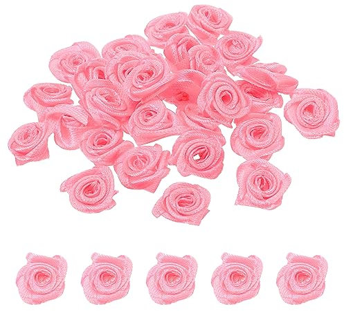 PATIKIL 1,5cm Mini Raso Nastro Rose, 30pz Piccoli Tessuto Fiori Abbellimenti Rosoni Applique per Fai-da-te Artigianato e Matrimonio, Rosa