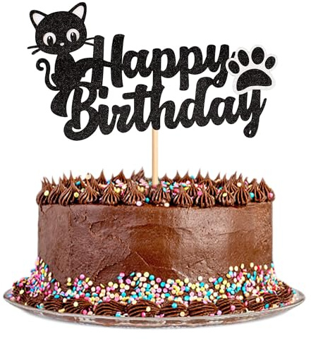 1 Stück Katze Geburtstagskuchen Topper Glitzer Schwarz Katze Geburtstags Kuchen Dekorationen für Haustier Kazte Geburtstagskuchen Dekorationen Kitty Party Dekorationen