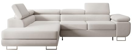 Selsey STEVIL - Ecksofa L-Sofa mit Schlaffunktion, Bettkasten, Ottomane links, Veloursbezug Creme
