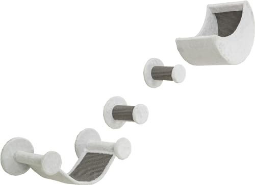 Trixie Wandset für Katzen aus Plüsch, 4 Teile, weiß/grau, Aussichtsplattform für Katzen für die Wandmontage