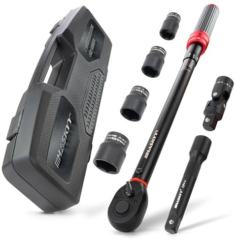HASKYY Clé dynamométrique 1/2 40-220 Nm avec douilles 17 19 21 23 mm, joint universel, adaptateur d'extension inclus pour moto, voiture, quad