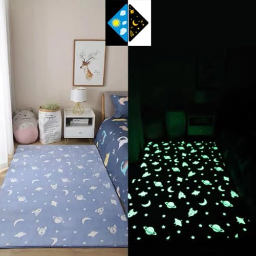 Single tree forest Im Dunkeln leuchtender Nachttisch Teppich für Kinderzimmer, Heimdekoration, waschbarer Spielteppich, Krabbelmatte-Blue Stars and Moon-60 * 100cm