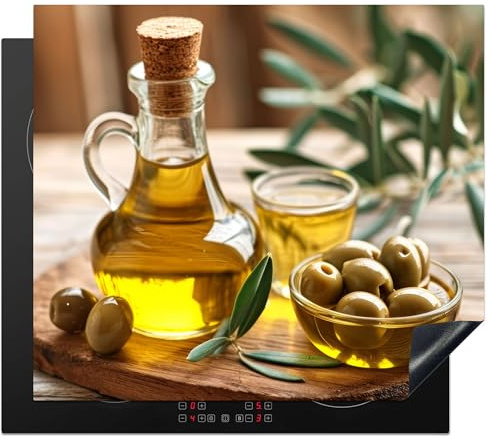 KitchenYeah© Protection Plaque Induction 60x52 cm Protege Deco Cuisine | 60x52 cm - Cache Protège De Cuisson Accessoire Olives - Planche - Huile d'olive - Feuilles