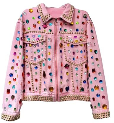 Vsadsau Damen-Jeansjacke mit Nieten, große Taschen, lockere kurze einfarbige Oberbekleidung, Streetwear, rosa Jeansjacke, Pnnrk, L