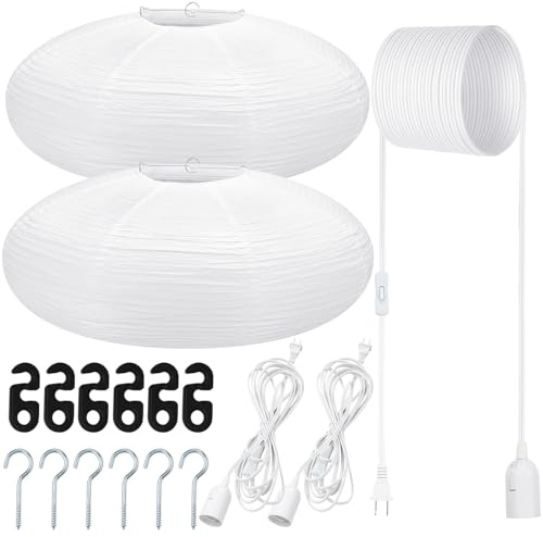 Rossesay 2 Sets Jumbo Paper Lanterns with Lamp Cord Cable White Hanging Paper Lanterns Chinese Japanese Pendant Hanging Lamp for Birthday Wedding Bridal Anniversary Party Decoration (Oval,22 Inch)