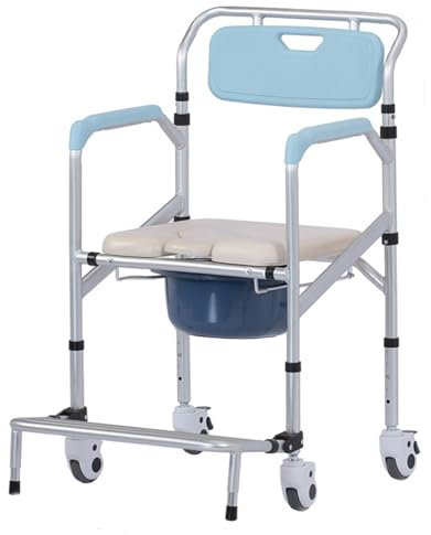 Toilettenstuhl für Senioren mit Rollen, Dusch Toilettenstuhl Fahrbar Höhenverstellbar, Duschstuhl mit Rollen, Nachtstuhl für Erwachsene, WC Stuhl Toilettenstuhl mit Armlehne