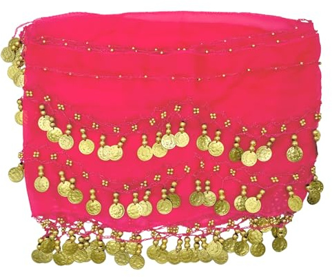 PAITOK Bufanda de cadera para danza del vientre,cinturón de danza del vientre para mujeres con 128 monedas doradas,bufanda de bailarina,disfraces,falda de danza envolvente para niñas (Rojo Rosa)