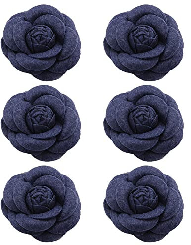FLAVAS Frauen Blume Brosche,6PCS Blumen Brosche Stoff, Niedlich Stoff Pin Hochzeit Abzeichen Blume Brosche Kamelie Stoff Brosche Anstecknadel Brust Pin, für Mädchen Geschenke (Marineblau)