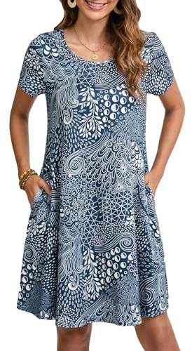 Enmain Vestido Estilo Camiseta para Mujer de Verano de Manga Corta con Bolsillos túnica Vestido Casuales Bohemios hasta la Rodilla para Mujer, Azul, XL
