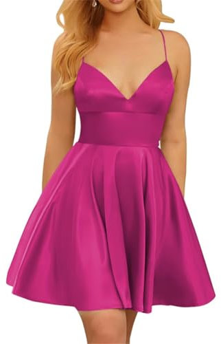 Vestidos de satén para adolescentes, cuello en V, acampanado, tirantes delgados, vestido corto de graduación con bolsillo, fucsia, 34