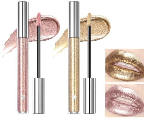 Mikabila Glitzer Lippenstift Metallic Glänzend Glossy,Lip Gloss Metallischer Diamant Lipstick Flüssiger Funkeln Schimmer Lippenstift Nonstick Schalen Make-up Lippenglanz, (Light Pink+Golden)