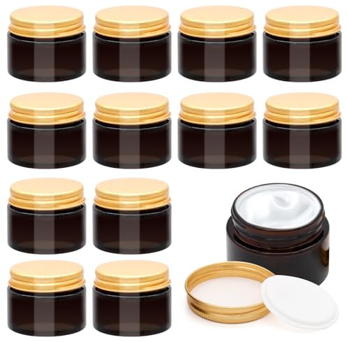 Acetiti 12 Pcs Amber Glass Jars, 30ml Empty Cosmetic Container with Aluminium Screw Cap Lid and Liners, Small Refillable Travel Pots Sample Bottle Cosmetic Jars Glass for Cream Lotion Ointments