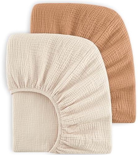bearmoss Lot de 2 draps-Housses en Mousseline de Coton pour Enfant 60 x 120 cm / 70 x 140 cm 100% Coton pour lit de Voyage, lit d'appoint (Brun, 70x140cm)