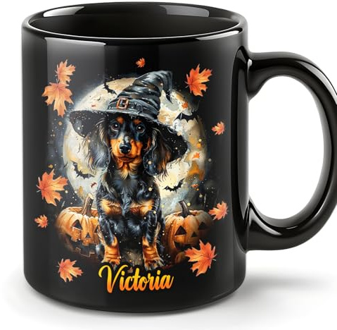 Personalisierte Halloween Tasse, Dackel Kaffeetasse mit Namen, Halloween Geschenke für Dackelliebhaber Familie Freunde, Lustige Tasse für Halloween, Keramikbecher