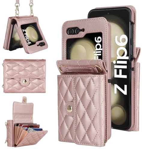XIZYO for Samsung Galaxy Z Flip 6 Leather Crossbody Wallet Phone Case with Adjustable Removable Lanyard Strap, for Women Girls Cute Luxury Protective Cover with Card Slots, Rose Gold