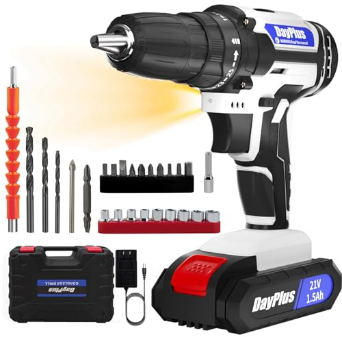 21V Cordless Drill Set, Electric Power Drill with 1 Battery, 3/8'' Keyless Chuck, 45Nm, 25+1 Torque, 2 Variable Speeds,29pcs Drill Bits & LED Electric Drill Set for Home and Garden DIY (White)