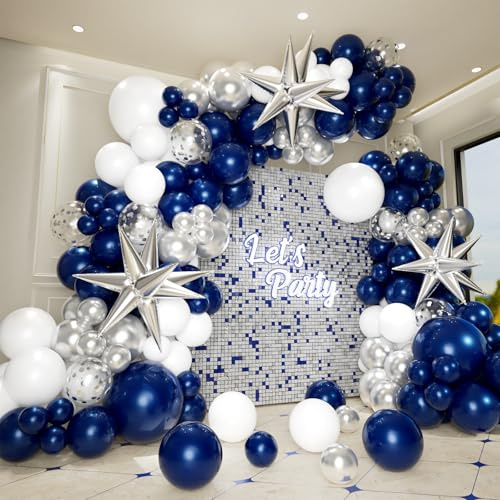 Kit de arco de guirnalda de globos azul marino, blanco y plateado, 156 globos de aluminio con estrella de explosión para graduación, boda, compromisos, cumpleaños, Año Nuevo, despedida de soltera,