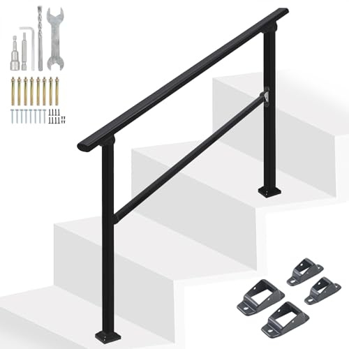 YedZen Outdoor Handrail, Outdoor Handrails for 1-3 Steps, Adjustable Metal Handrails for Outdoor Steps with Installation Kit, Wrought Iron Handrails for Stairs for Porch, Concrete Step, Deck