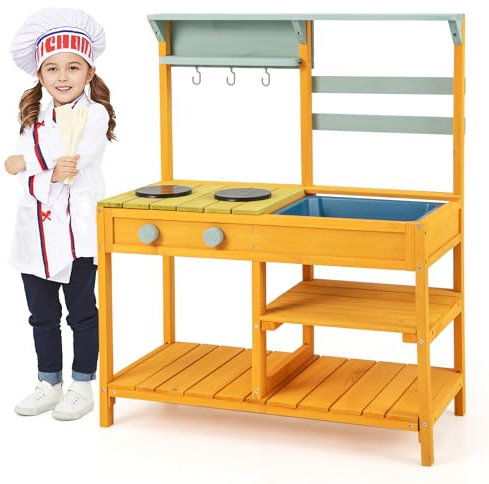 COSTWAY Cucina Giocattolo per Giardino in Legno di Pino, Cucina per Bambini con 2 Fornelli a Manopola, Lavandino e 3 Ganci, Set Cucina con Ripiani Aperti, 75 x 36 x 92 cm (Giallo)
