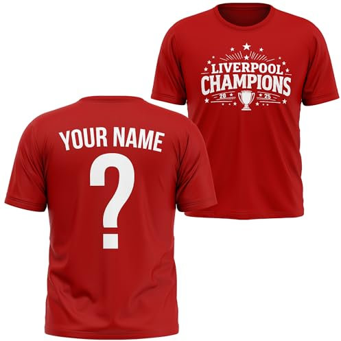 Personalised Liverpool Champions Kids T Shirt Custom Name and Number Football Supporter Winners Boys Girls Tee, 5-6 Years, Red