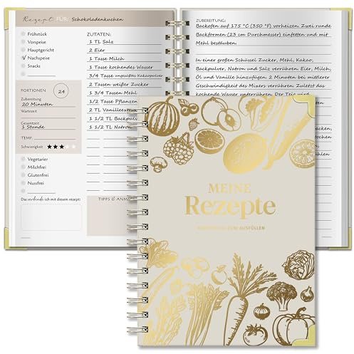 BIROYAL Rezeptbuch zum Selberschreiben A5, 120g Papier, Spiralbindung | Eigenes Kochbuch mit Umrechnungstabelle & Inhaltsverzeichnis, Platz für 100 Rezepte, Doppelseite pro Rezept, für Hobbyköche