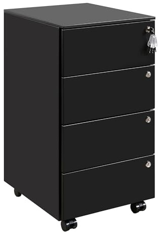 HOMSTEEL Rollcontainer, Mobiler Aktenschrank mit 4 Schlössern, 4 Schlüssel, 4 Schubladen, Rollcontainer Schreibtisch, Bereits Vormontiert, für Büro, Heimbüro, Schwarz