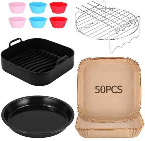 21CM Accessoires Air Fryer Compatible pour Philips XL 6,2L, COSORI 5,5L 4,7L, Cecotec 5,5L 6L, 5PCS Réutilisable Moule Silicone Air Fryer,Plateau à pizza,Grille,Papier Cuisson Air Fryer