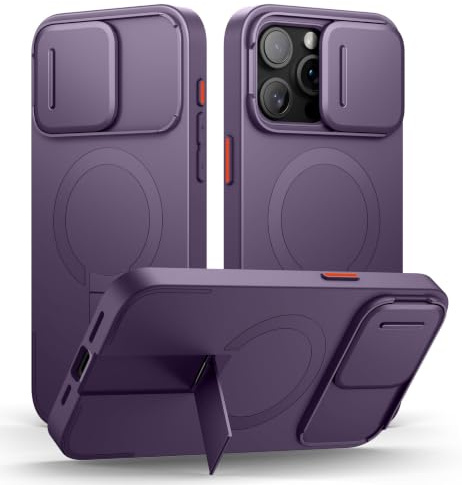 SURITCH Magnetic Case Compatible with iPhone 15 pro max, Shockproof Protective Cover with Slide Camera Cover and Adjustable Kickstand(Purple)