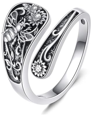 CUPENDA Bee/Dragonfly/Turtle/Skull Spoon Ring 925 Sterling Silver Spoon Ring Adjustable Open Vintage Thumb Antique Boho Christmas Jewellery Gifts for Women Wife Mom Animal Lovers