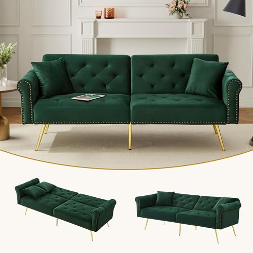 Divano a due posti con funzione di sonno, velluto pieghevole con schienale regolabile, divano letto allungabile con 6 piedi dorati, piccoli divani per piccoli spazi, 173 x 75 cm, verde