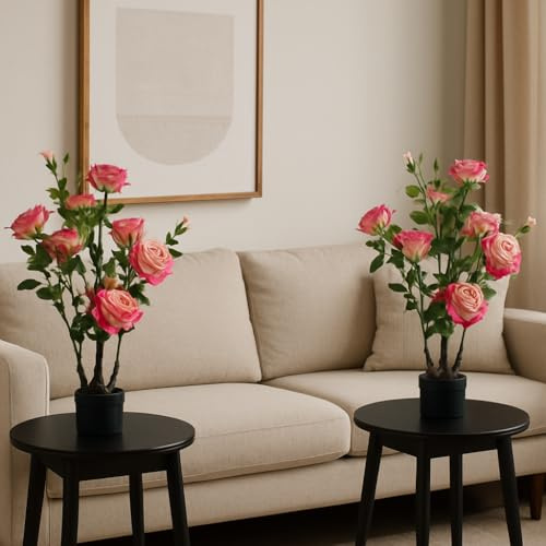 DanLink 2 Stück 70CM Kunstblumen Rosenbusch, Kunstblumen Wie Echt, Kunstrosen Im Topf Rosenstrauch Deko für Hochzeitsdeko, Tischdeko, Balkon, Terrasse, Garten, Hotel, Restaurant(Rosa)