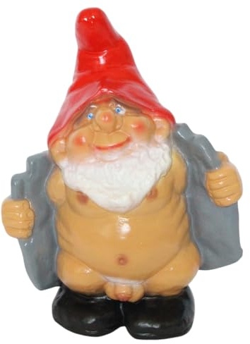 JS Garten Deko Gartenzwerg nackter Zwerg in grauem Mantel Höhe 33 cm lustige Zwergenfigur Kunststoff