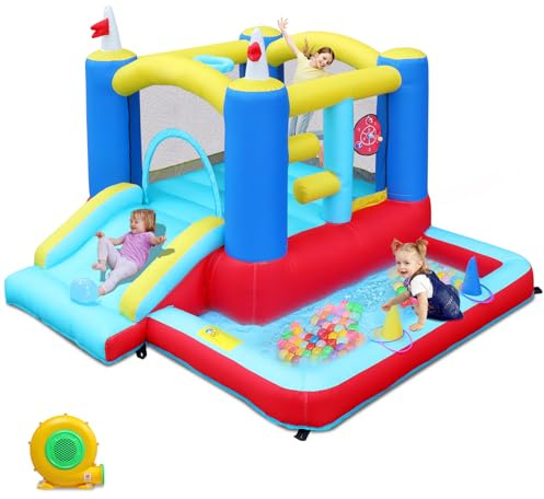 HOBBYZOO Château Gonflable Coloré, Aire de Jeux Gonflable avec Souffleur, Piscine, Trampoline, Toboggan, Panier, Cible, pour 3 Enfants de 3 à 10 Ans, 275x255x188cm