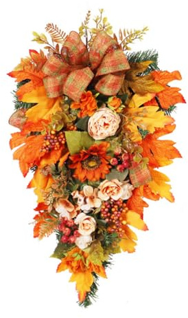 Herbstkranz Herbstdeko mit Ahornblatt Haustür mit Blätter, Herbstkranz für die Haustür mit Sonnenblumen, Deko Wand Tisch für Erntedankfest Thanksgiving Halloween
