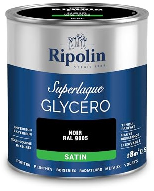 RIPOLIN Peinture Laque Glycéro Intérieure/Extérieure Noir Ral 9005 0,5 L | Tendu, Résistance Accrue, Très Lessivable, Résistance aux Taches, Finition Satin, Intérieur/Extérieur, Satin