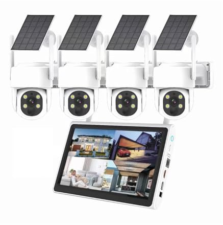 AKAVIG Système de caméra PTZ de sécurité à énergie solaire 4 MP avec moniteur LCD et 4 caméras, kit de surveillance solaire sans fil 4 canaux WiFi NVR avec audio bidirectionnel, vision nocturne en