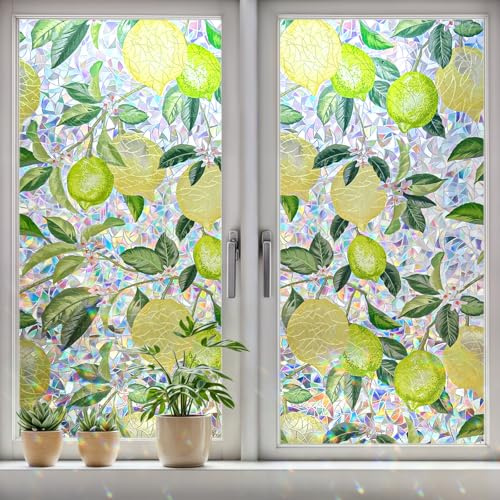 DARUITE Fensterfolie Blickdicht Regenbogen Zitronenbaum Muster Sichtschutzfolie Elektrostatische Nicht Klebende UV-beständige Sichtschutzfolie Fenster Für Home, Office 44 x 200cm