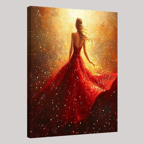 Lienzo Pared Arte Pintura Chica con falda roja de espaldas Marco de Madera Cuadro Modernos Canvas Pintura Imagen Cuadros Decoracion Salon Baño Dormitorio Comedor 70 x 50 cm