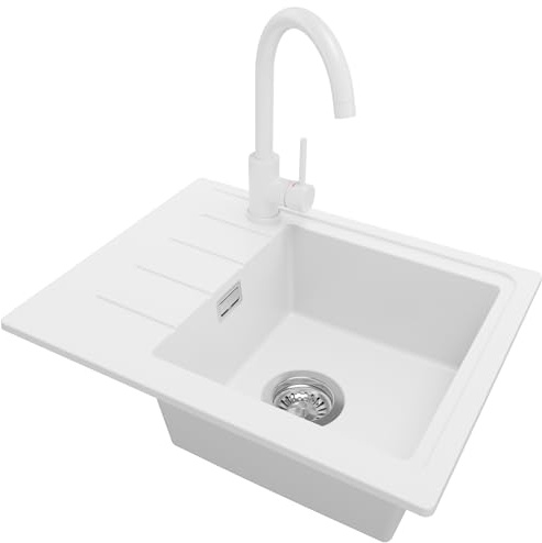PRIMAGRAN Fregadero Granito al Mueble 45cm + Grifo, 55x44cm | Set: Grifo BW5010 + Kit de desagüe (sifón, válvula, rebosadero) + Copenhague Easy 1 Seno para Cocina, Blanco
