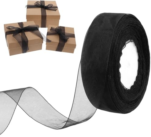 50 Yards Schwarz Organzaband, Geschenkband Schwarz, 25mm Breit Chiffonband, Schwarzes Band, Transparentes Schleifenband, Trauerschleife, Dekoband Tüllband für Weihnachten Hochzeit Taufe Geburtstag