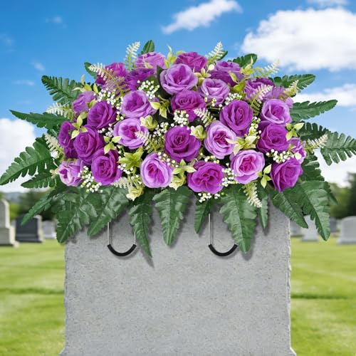 ICX Cemetery Headstone Flower Saddle, Artificial Cemetery Flowers for Grave, Memorial Day Rose Flowers, Grave Flowers for Outdoor Tombstone Decorations for Remberance (Purple)