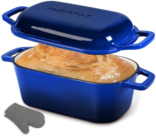 NutriChef Dutch Oven for Bread Making - 25 cm Enamelled Cast Iron Oval Pot for Sourdough Baking with Lid, Even Heat Artisan Loaf, Oven Safe, Blue