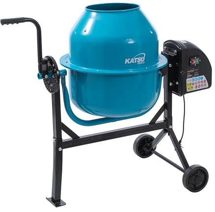 KATSU Tools Electric Concrete Mixer 80L - 220W Portable Cement Mortar Mixing Machine with Wheels, Stand and Tipping Handle, Ideal for DIY and Construction, Model 167341