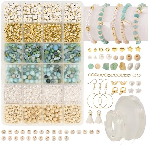 FeinKulturia Natürliche Amazonit Edelstein Perlen Set für Schmuck Selber Machen, Armbänder, Ohrringe & Ketten mit Anhänger – Bastelset für Kinder & Erwachsene, Inklusive Buchstabenperlen usw.