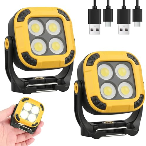 2 Pack 10W LED Rechargeable Work Light, 500LM Portable Magnetic COB Floodlight, 180° Rotate Work Torch, 4 Light Source & 4 Brightness Levels with Type-C Cable for Garage Camping Hiking Fishing