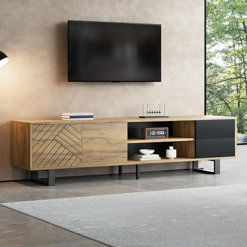 NADEUSAK Mueble para TV con patas de metal, 180 x 40 x 50 cm, color negro y natural, aspecto de madera para salón, de madera aglomerada, estructura de tres capas