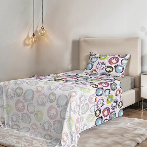 COMPLETO LETTO PIAZZA E MEZZA NO STIRO FANTASY - Prodotto in Italia - Microfibra - Sopra 180x270 cm, Sotto 120x200 cm con Angoli Elasticizzati 25 cm, Federa 50x80 cm - Cerchi Astratti