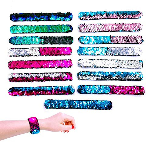 JZK 15x Bracelets Paillettes Bracelets Sirène Slap Bracelet pour Gamins Adultes Cotillons Remplissage de Sac de fête Cadeau d'anniversaire pour Enfants Fourniture de fête Petits Jouets