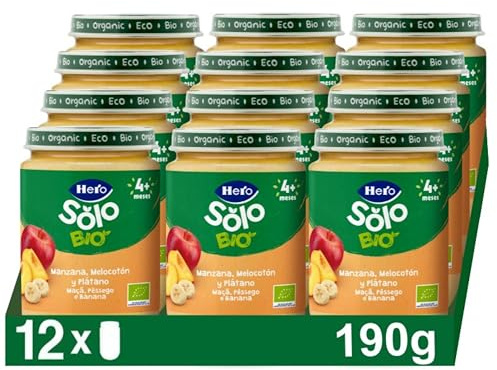 Hero Solo Bio Tarritos Manzana Melocotón Plátano Desde 4 Meses, 12 x 190 g | Menú infantil ecológico, Postre listo para tomar, Baby, Sin azúcares añadidos, Ingredientes naturales, Potito